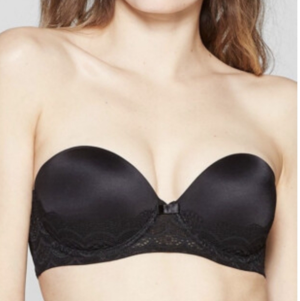 Auden Black Lace Plunge Coverage Push Up Strapless Multiway Bra, Sz 36C